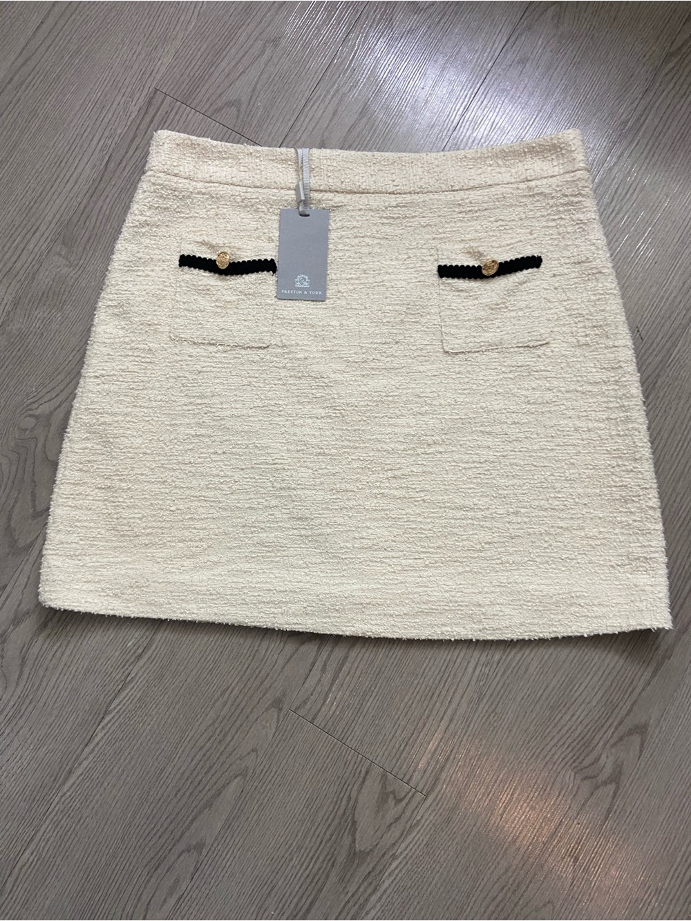Preston & York Cream Tweed Mini Skirt with Black Trim and Gold Buttons